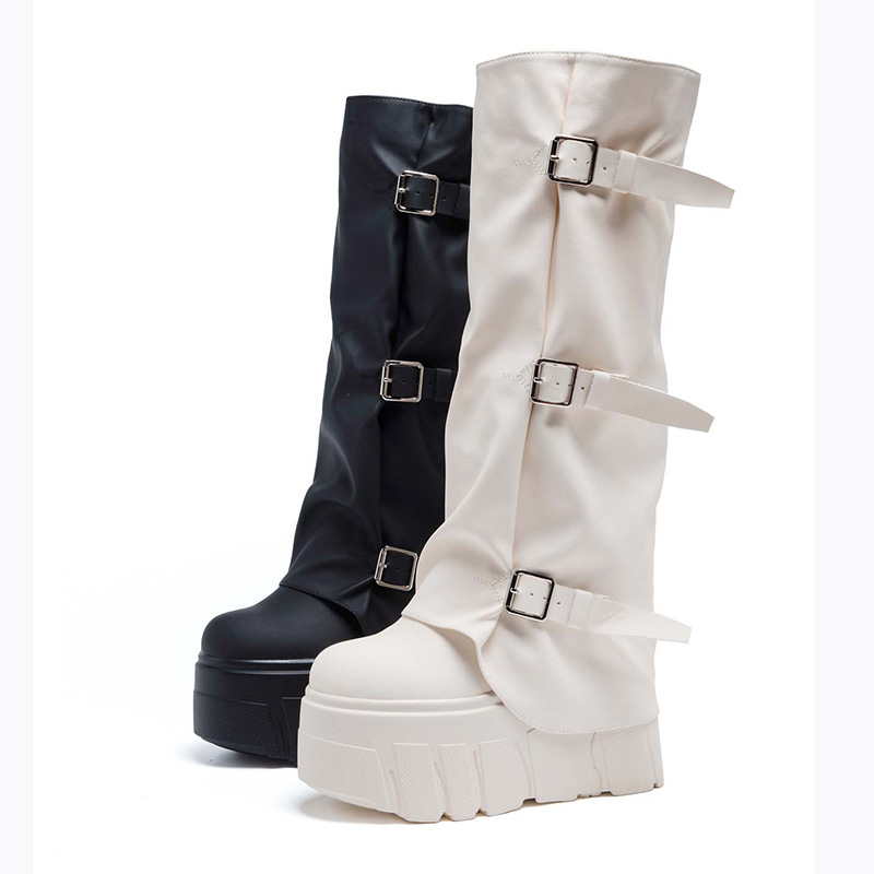 Riding Boot Short - 14 センチメートルヒールニーハイブーツプラットフォームウェッジパンクオートバイ乗馬ブーツ靴女性のための秋冬バックルブーツ