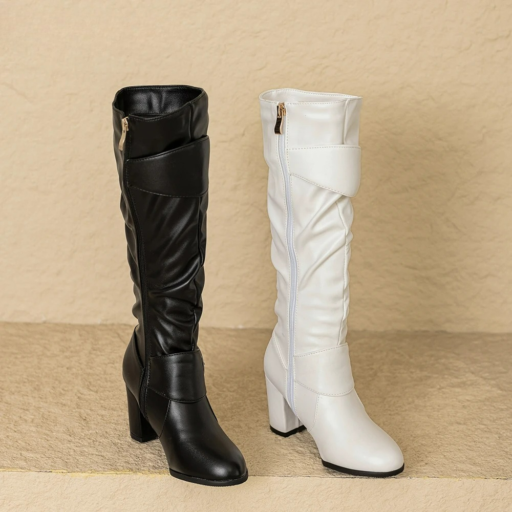 Riding Boot Short - 新しい冬の甘い黒白女性ニーハイブーツセクシーなスクエアハイヒールレディライディングシューズプラス小さいサイズ大きいサイズ