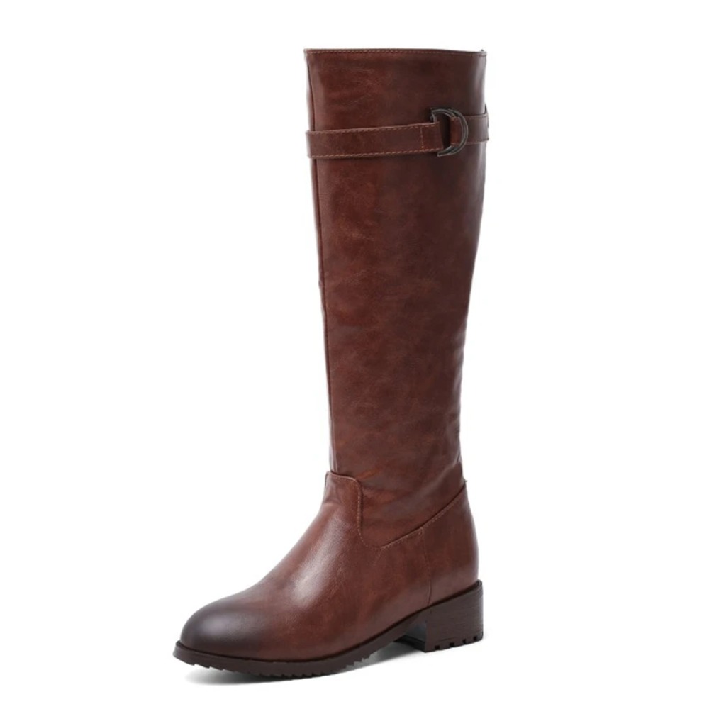 Riding Boot Short - ニーハイブーツ レディース ポインテッドトゥ スクエアヒール バックジップ ファー付き