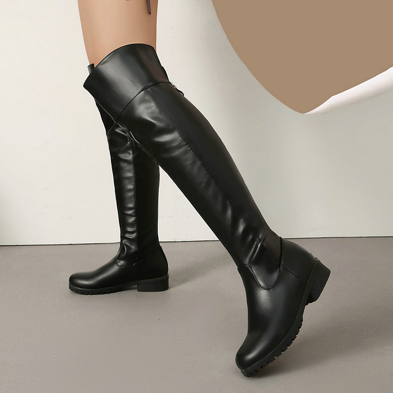 Riding Boot Short - パンクゴシック風ソフトPUレザーローヒールフラットシューズ、オーバーニーブーツ、ワイドカーフ、ウエスタンカウボーイ、ニーハイブーツ、大きいサイズ47、48、49、50