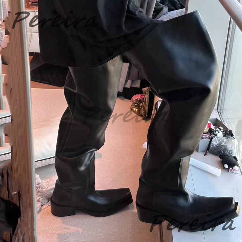 Riding Boot Short - 厚底ニーハイブーツ メンズ レディース ブラックレザー スクエアトゥ スリップオン
