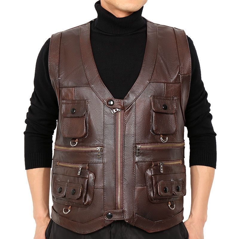 牛革本革ベストチョッキ男性服ジャケット厚いオートバイマルチポ - Motorcycle Gear Vest のレビューと価格