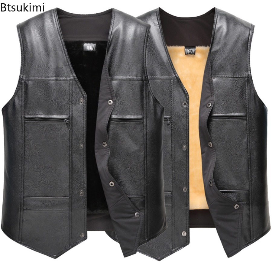 秋冬新メンズレザーベストフリース裏地暖かいチョッキファッショ - Motorcycle Gear Vest のレビューと価格