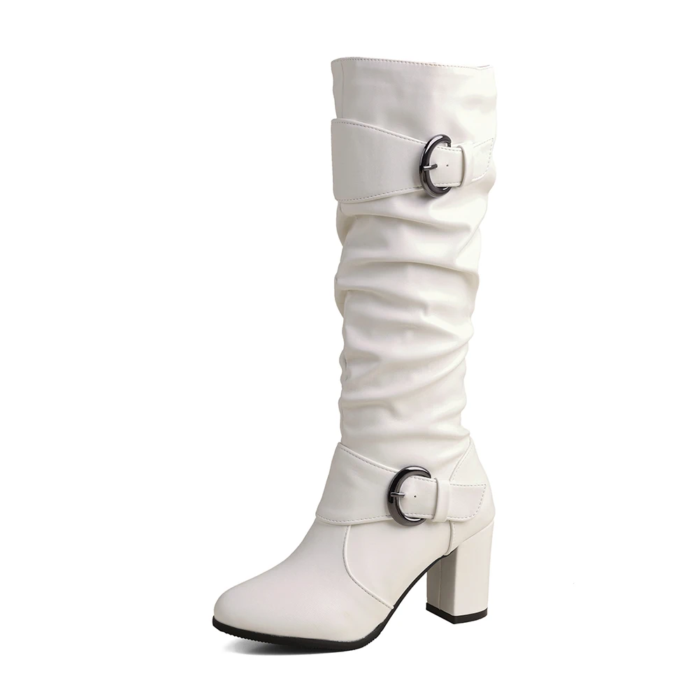 新しい冬の甘い黒白女性ニーハイブーツセクシーなスクエアハイヒ - Riding Boot Short のレビューと価格