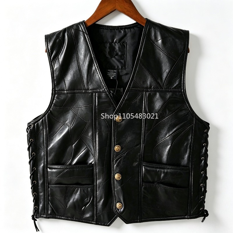 メンズブラックパッチワークレザーバイカーベスト、ボタン留めノ - Motorcycle Gear Vest のレビューと価格