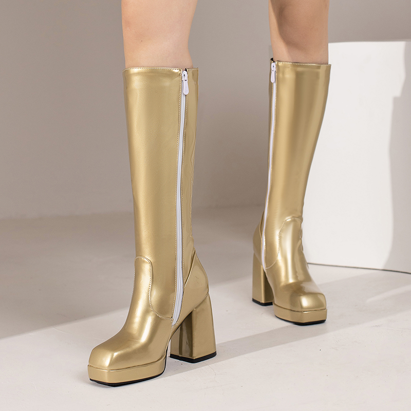 女性用パテントレザーニーハイブーツ,ヒールブロック,スクエア - Riding Boot Short のレビューと価格