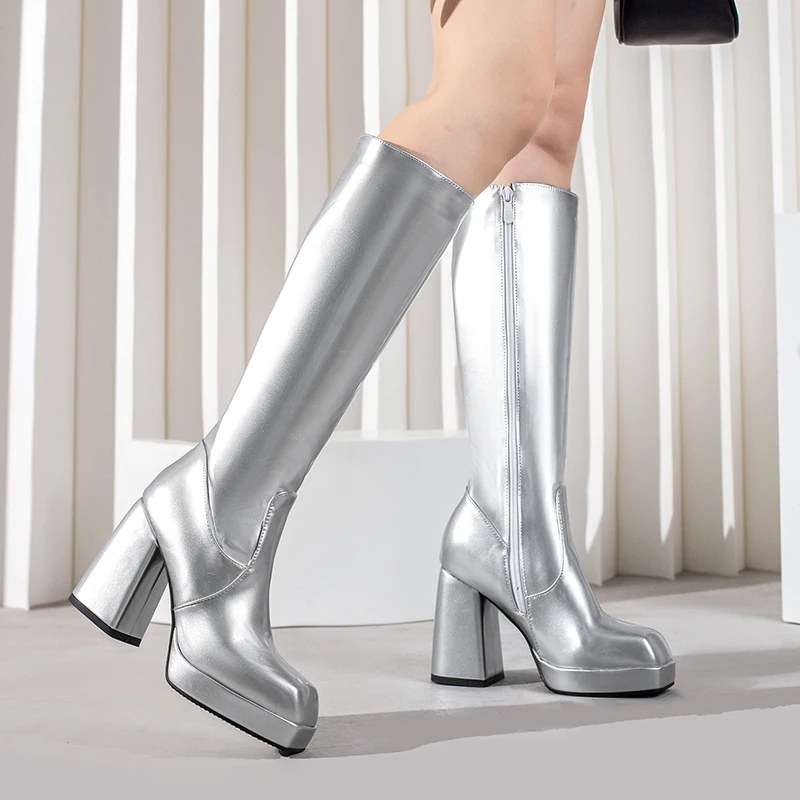 女性用パテントレザーニーハイブーツ,ヒールブロック,スクエア - Riding Boot Short のレビューと価格