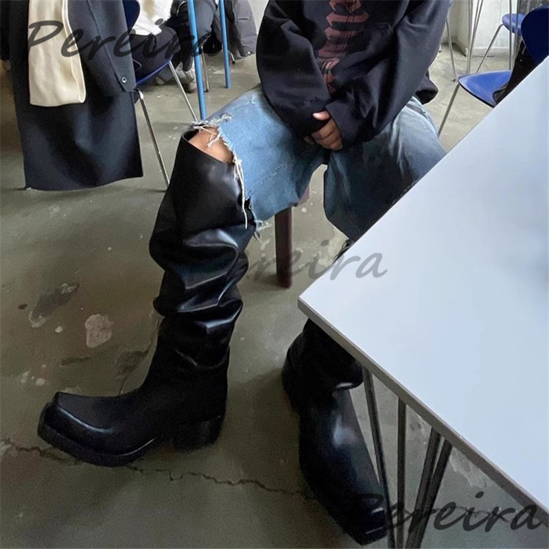厚底ニーハイブーツ メンズ レディース ブラックレザー スク - Riding Boot Short のレビューと価格